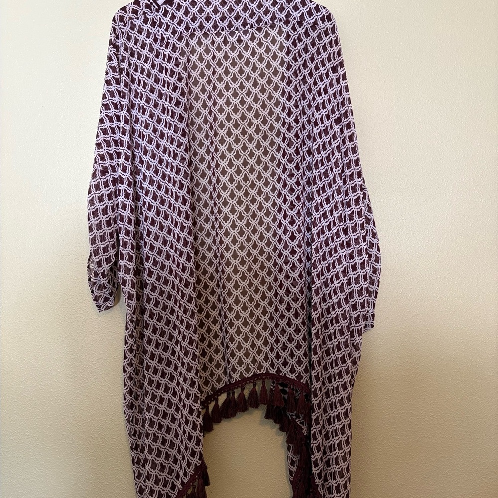 Eva Mendes New York & Company Burgundy and White Patterned Kimono/Cover Up - OS - Picture 2 of 6